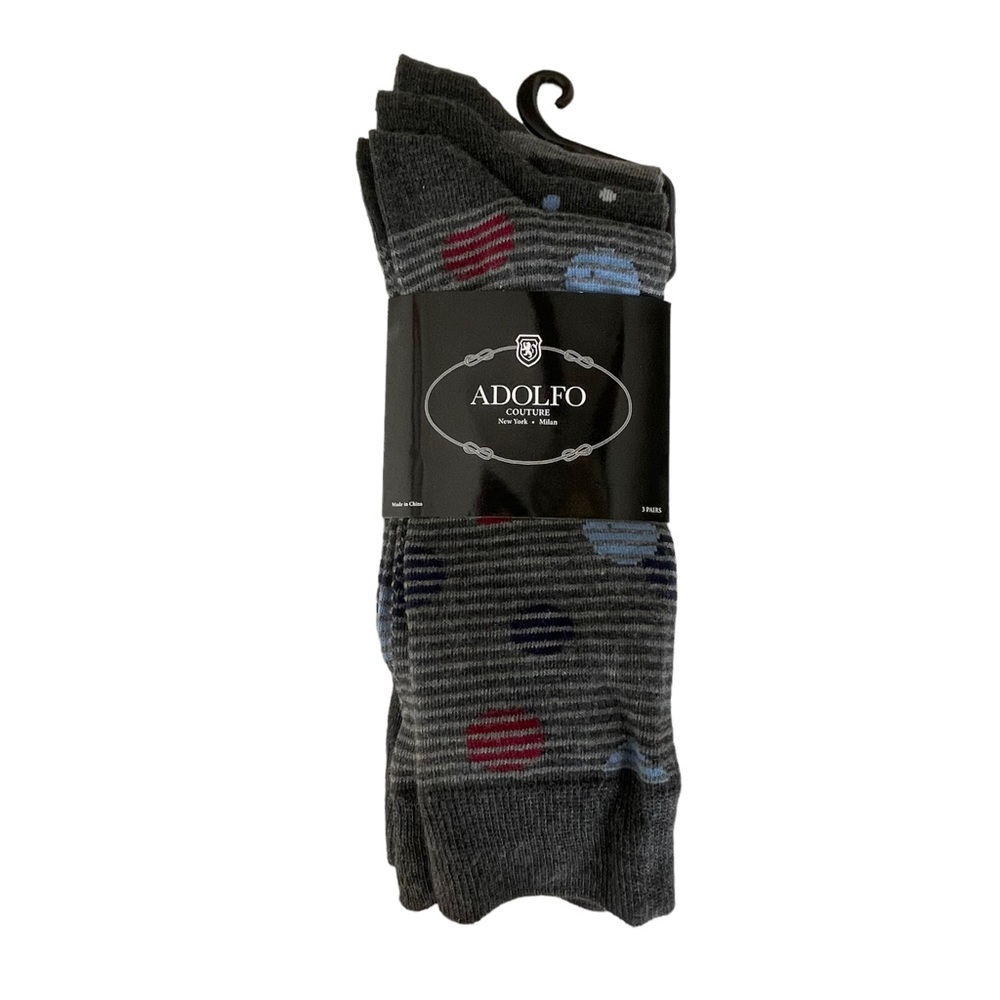 Men's ADOLFO Couture Dress Socks Gray Dots and Stripes 3-Pairs Size 10-13
